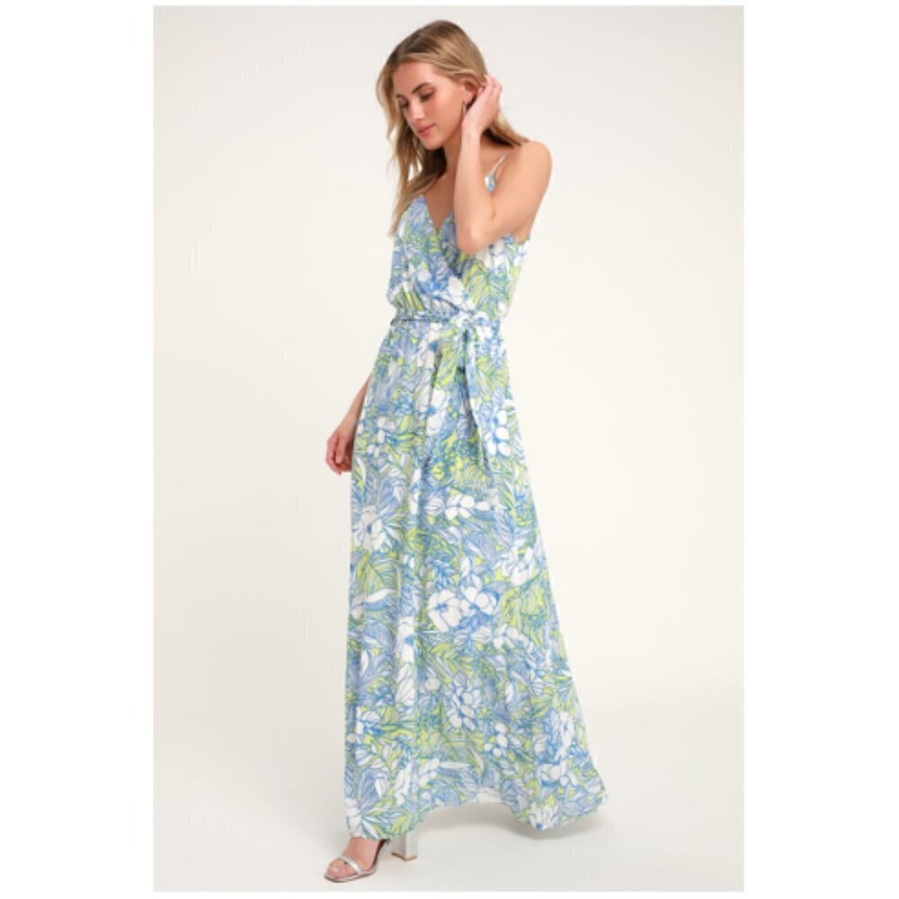 Lulu's Sunrise in Paradise Blue Multi Tropical Print Maxi Dress Size M NWT - Picture 15 of 15